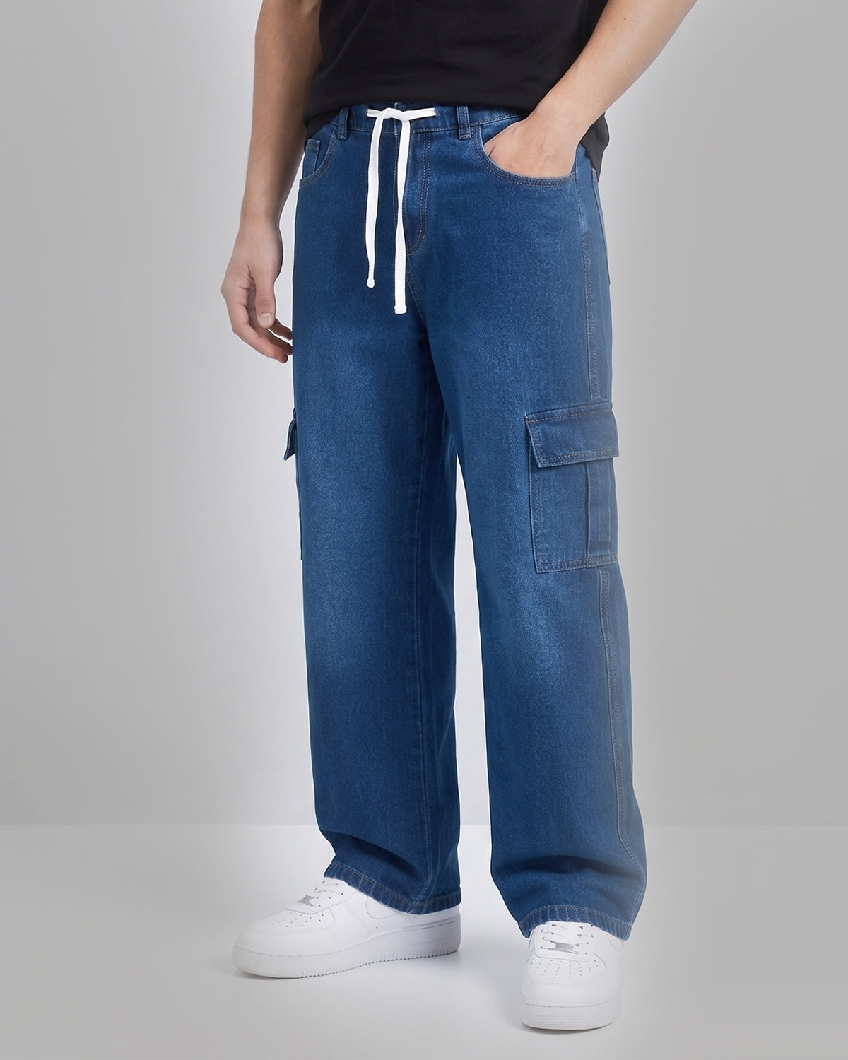 Men's Premium Denim Cargo Trouser - Baggy Fit - Mid Blue