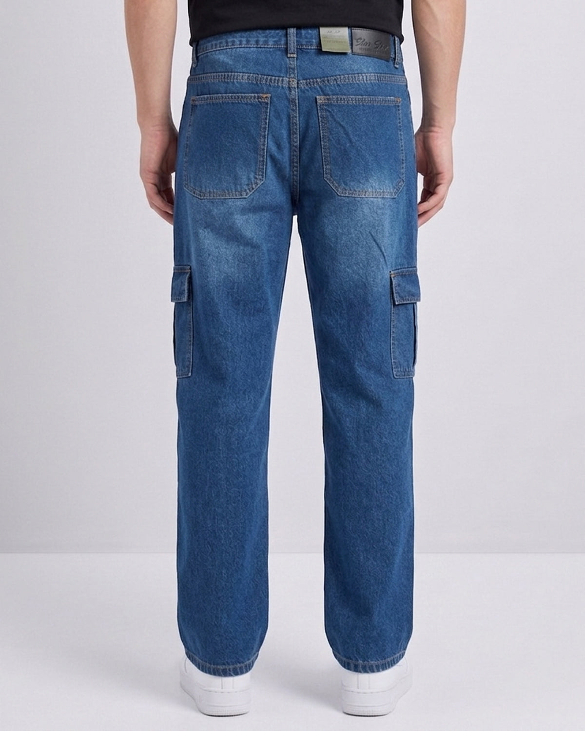 Men's Premium Denim Cargo Trouser - Baggy Fit - Mid Blue