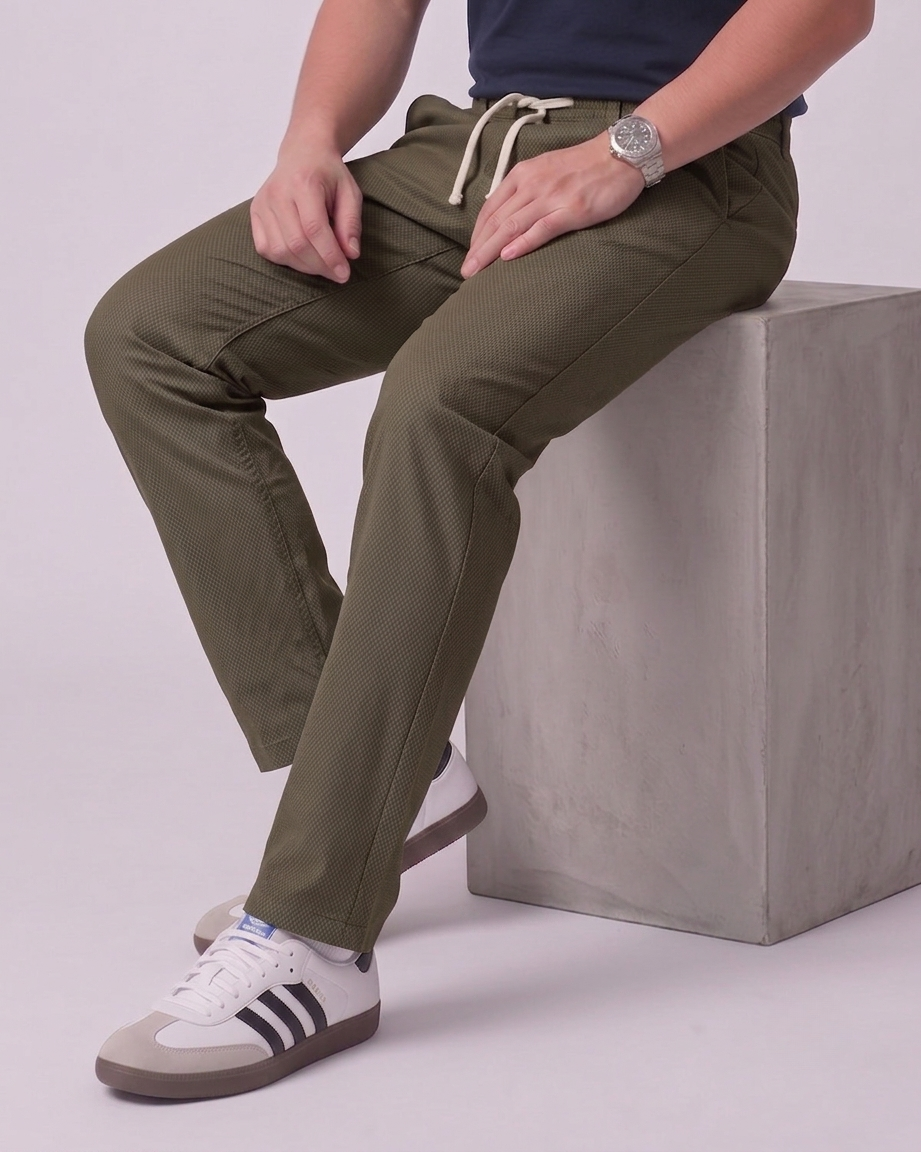 Men's Premium Twill Cotton Drawstring Trousers - Greenish Brown