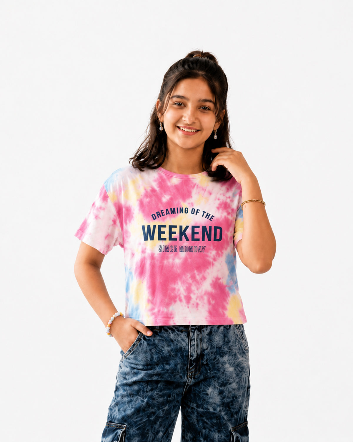 Taboo Wear Girl Tie-Dye Boxy Drop-Shoulder Tee - White&Pink