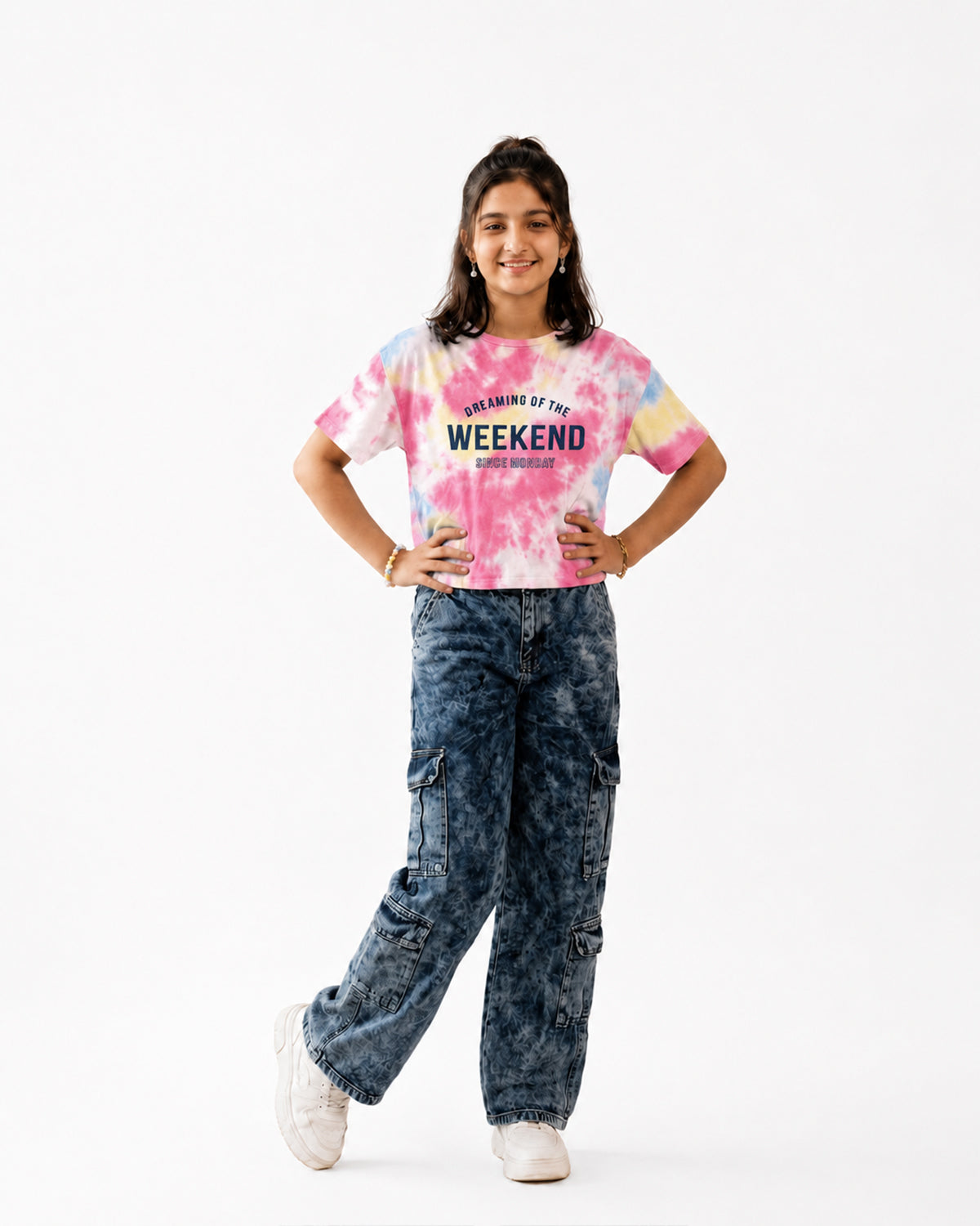 Taboo Wear Girl Tie-Dye Boxy Drop-Shoulder Tee - White&Pink