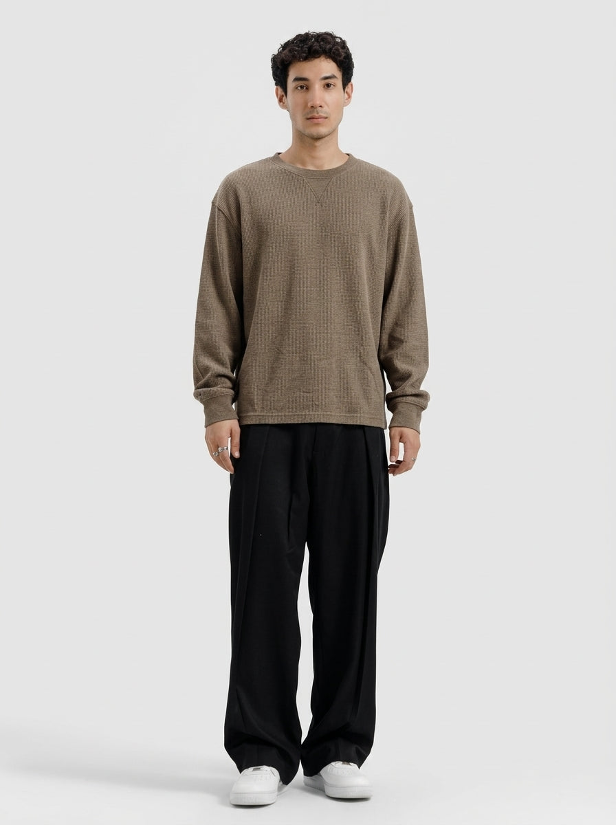 Brown Waffle Knit Crewneck Sweatshirt