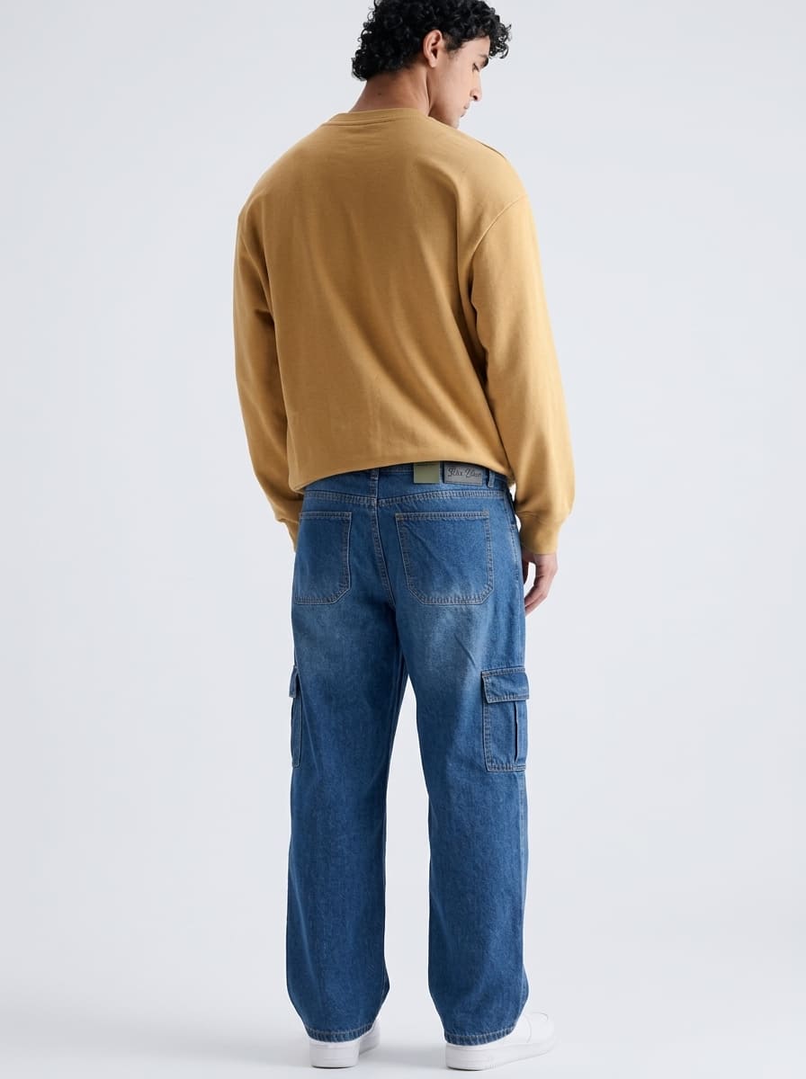 Men's Denim Cargo Jeans - Baggy Fit - Mid Blue