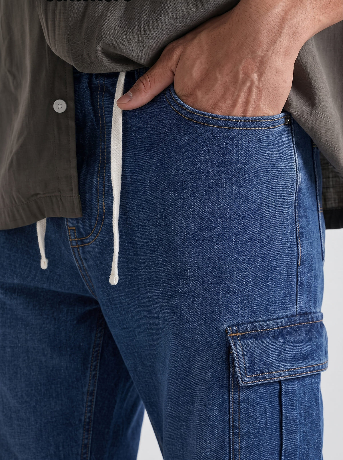 Men's Denim Cargo Jeans - Straight Fit relaxed - Mid Blue