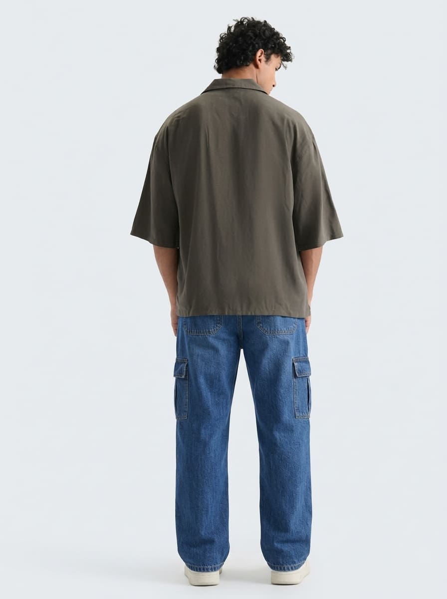 Men's Denim Cargo Jeans - Straight Fit relaxed - Mid Blue