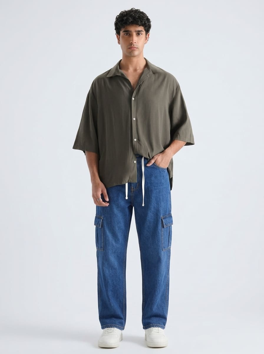 Men's Denim Cargo Jeans - Straight Fit relaxed - Mid Blue