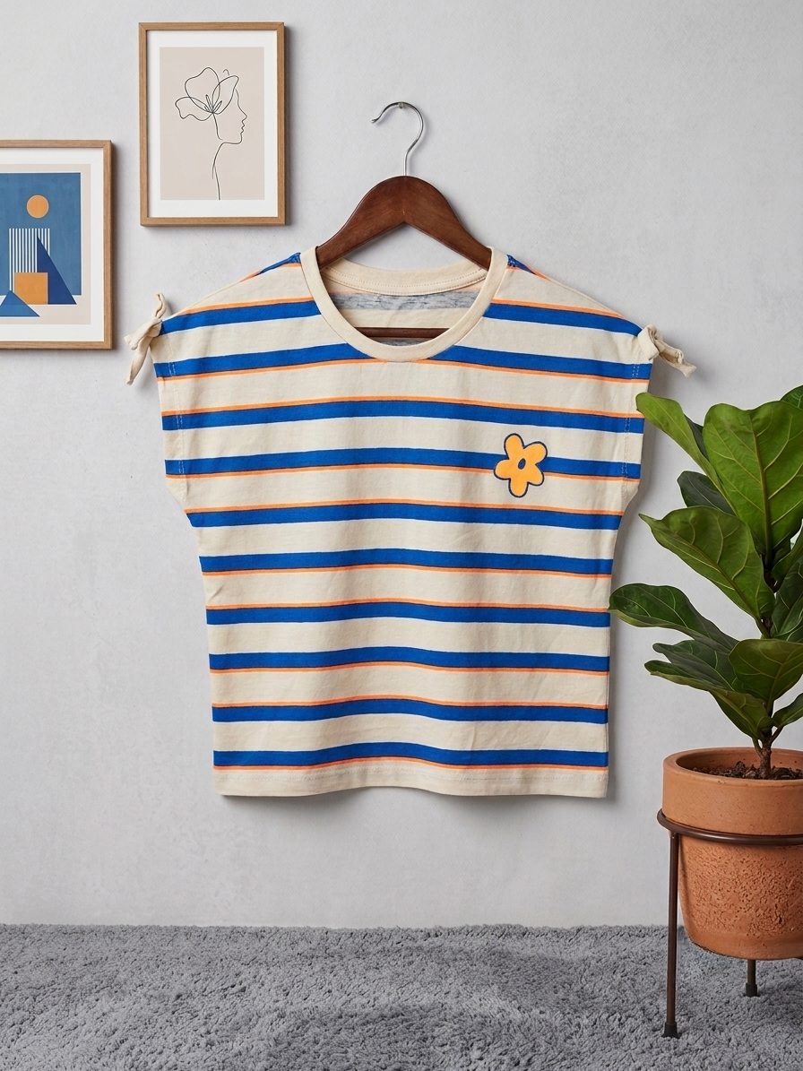 Breakout Girls Boxy Striped T-Shirt - Blue & Orange