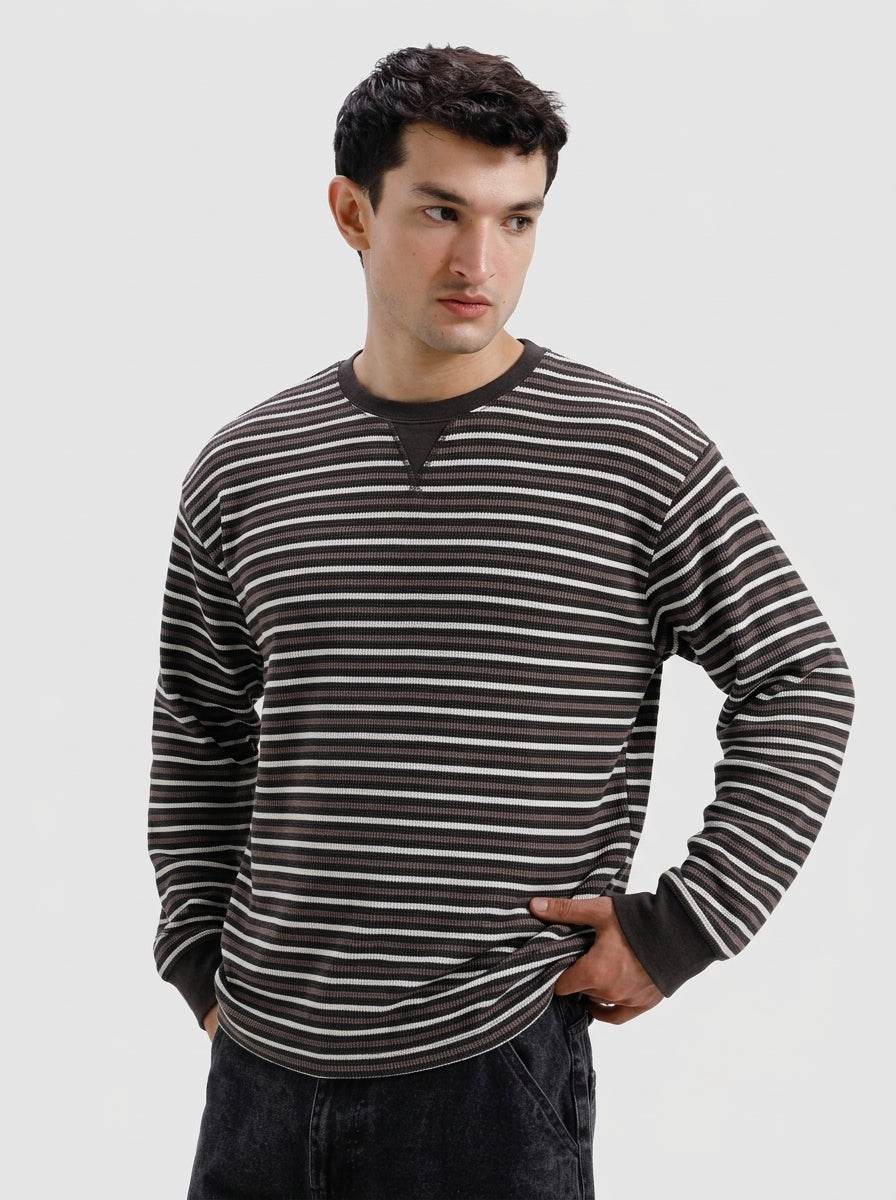 Striped Waffle Thermal Sweatshirt
