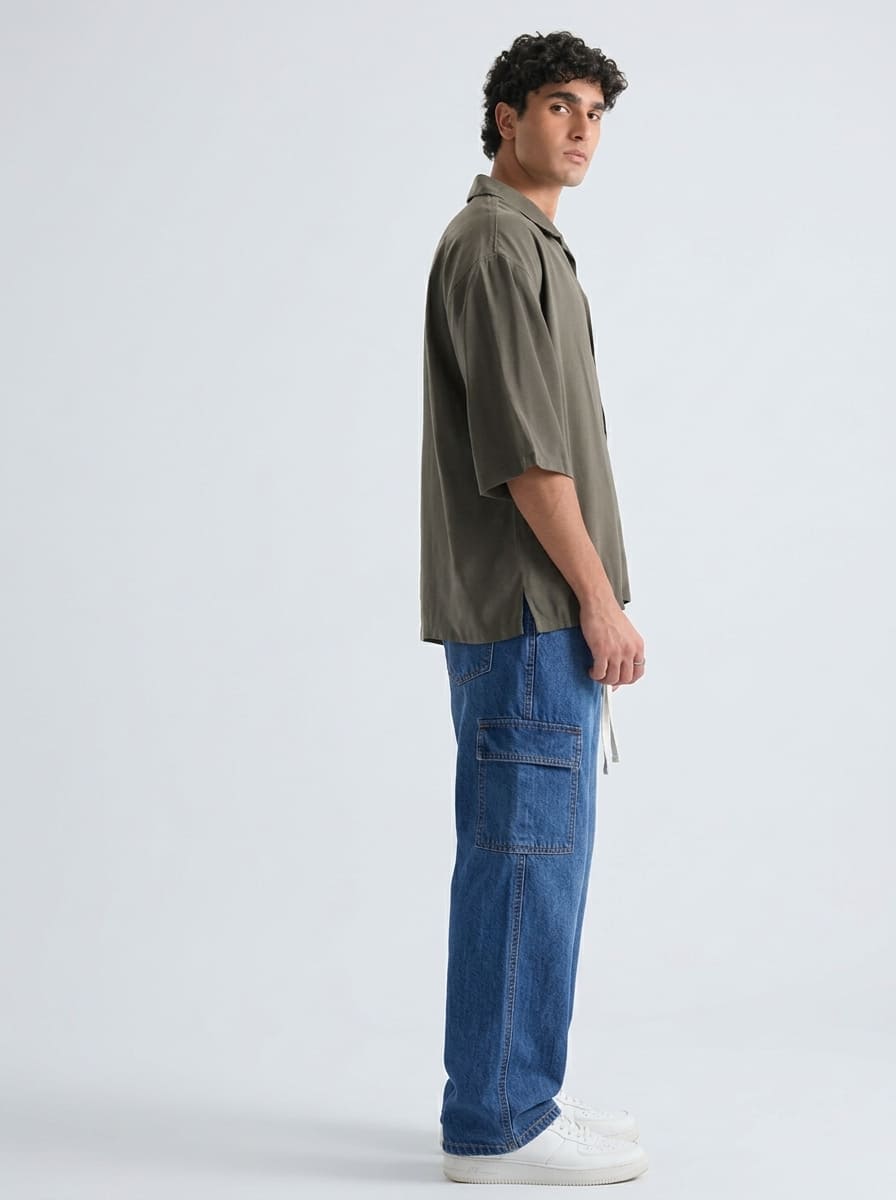 Men's Denim Cargo Jeans - Straight Fit relaxed - Mid Blue
