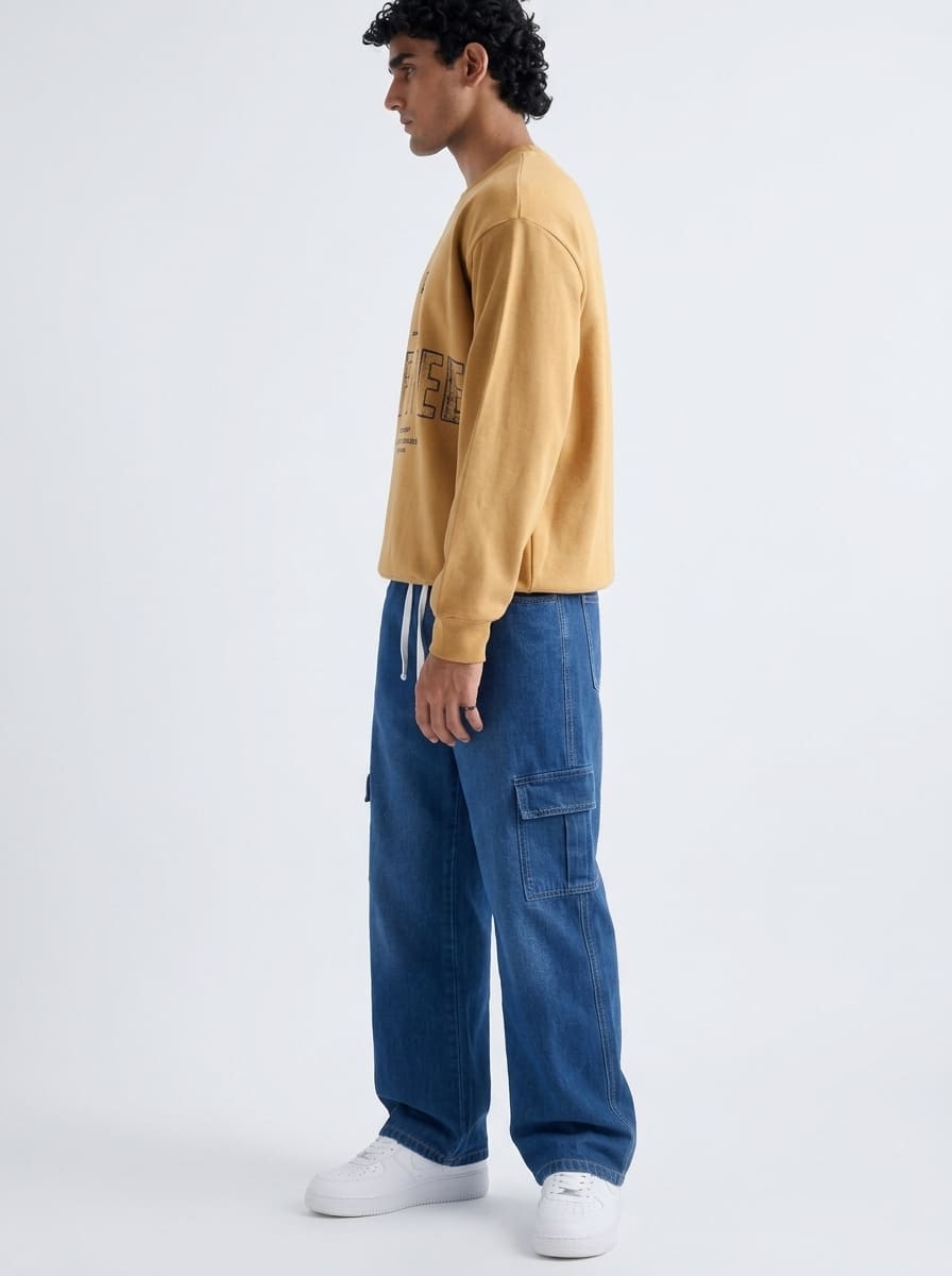 Men's Denim Cargo Jeans - Baggy Fit - Mid Blue
