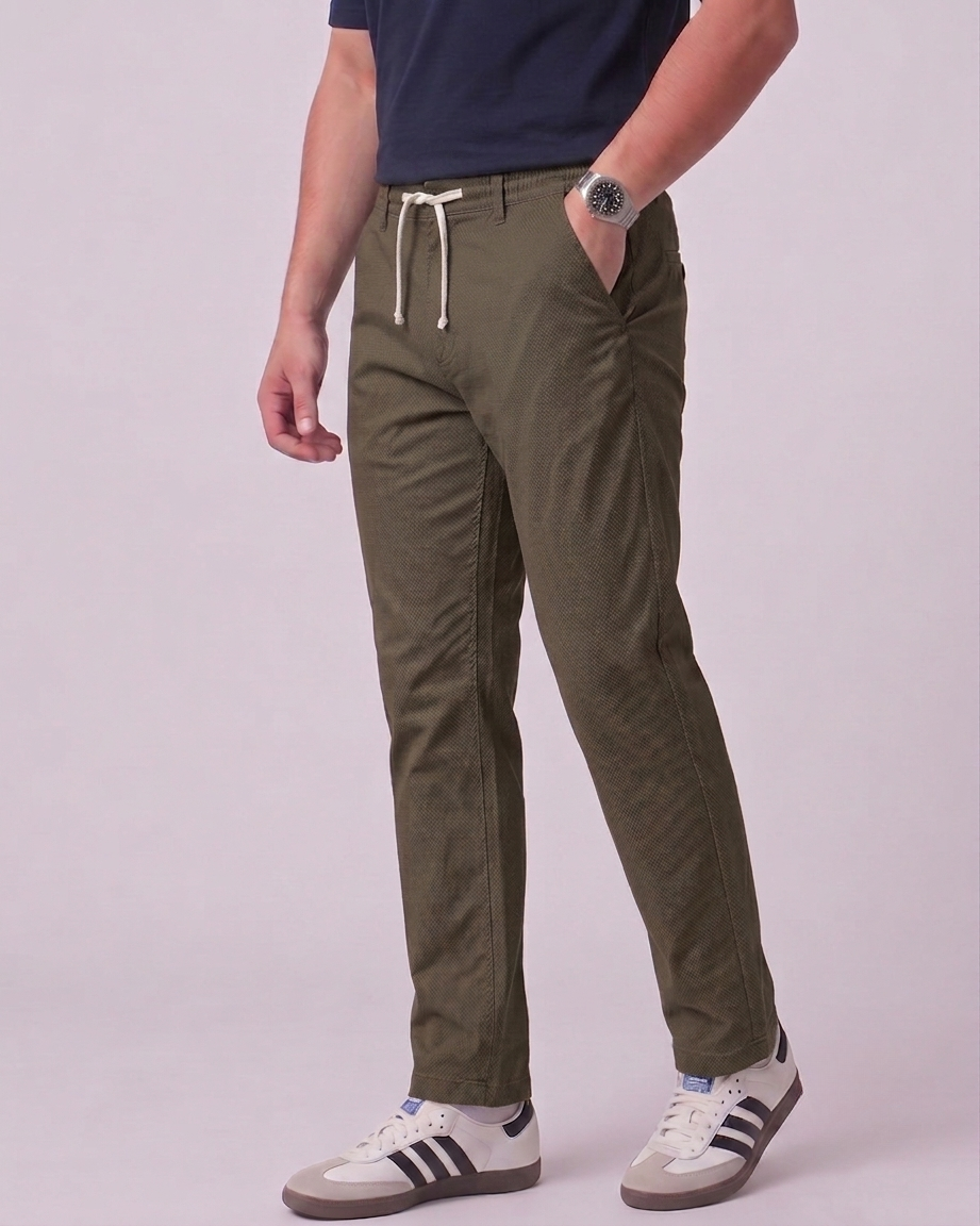 Men's Premium Twill Cotton Drawstring Trousers - Greenish Brown