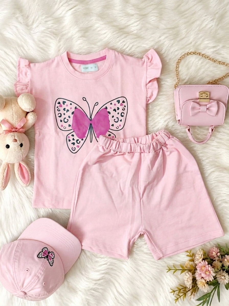 Girl's Terry Cotton Butterfly Printing Co-ord Set - Pink