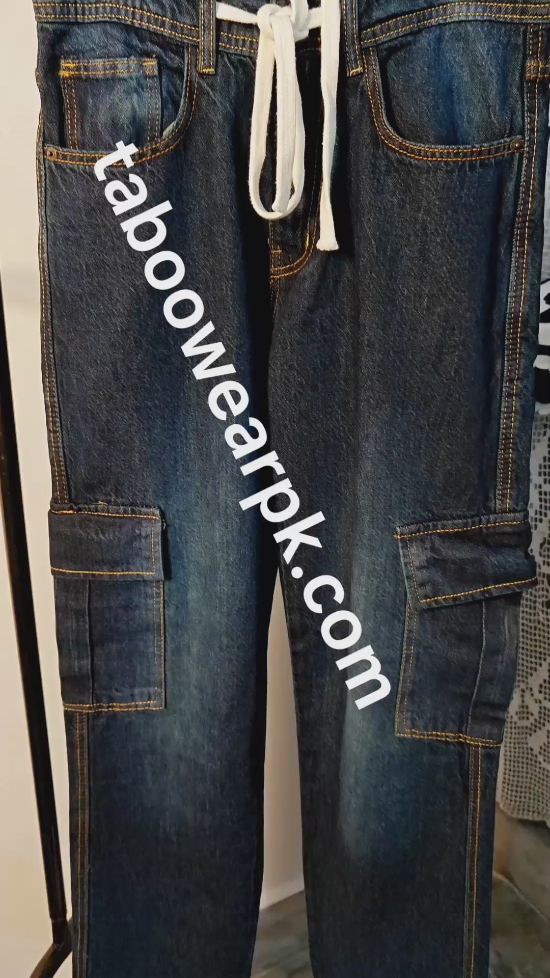 Men's Premium Denim Cargo Trouser - Baggy Fit - Blue Green Wash