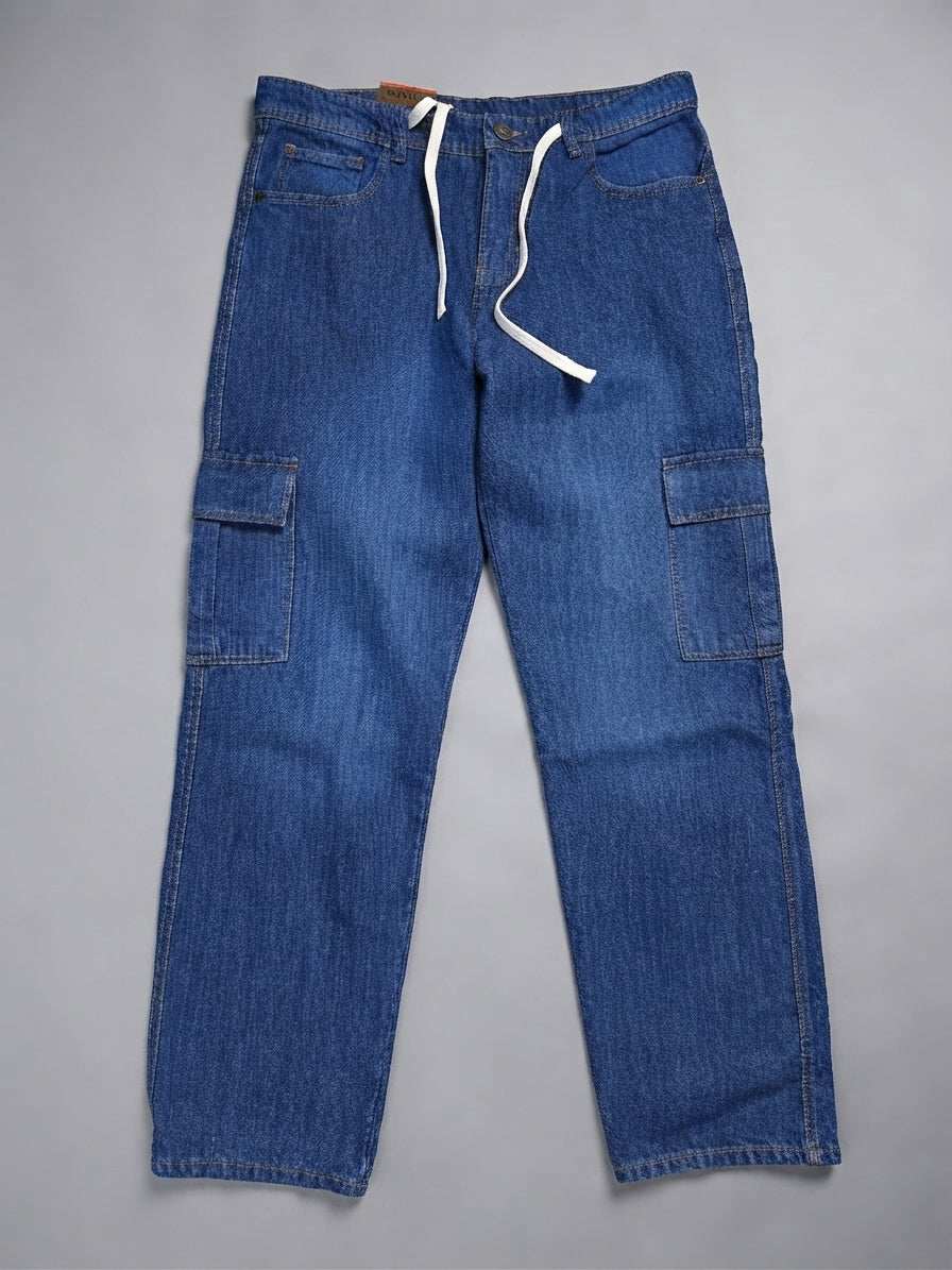 Men's Premium Denim Cargo Trouser - Straight Fit relaxed - Mid Blue