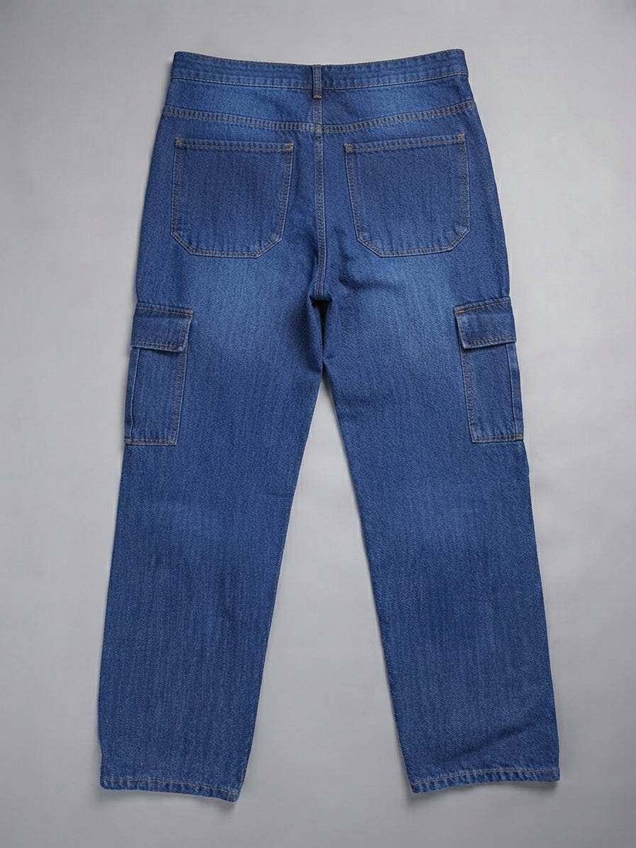 Men's Premium Denim Cargo Trouser - Straight Fit relaxed - Mid Blue