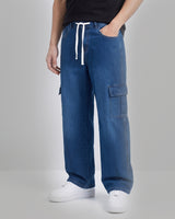Men's Premium Denim Cargo Trouser - Baggy Fit - Mid Blue