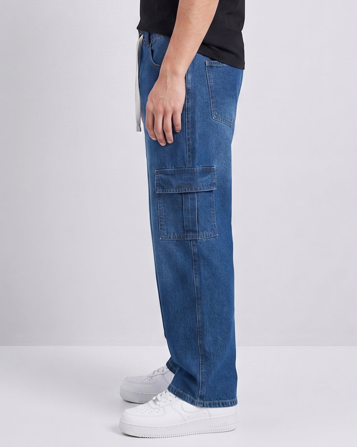 Men's Premium Denim Cargo Trouser - Baggy Fit - Mid Blue