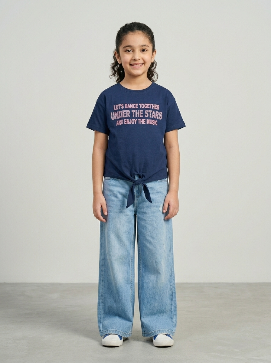 Girls Navy Blue Casual Summer Top - Let's Dance Printed T-Shirt 200 GSM