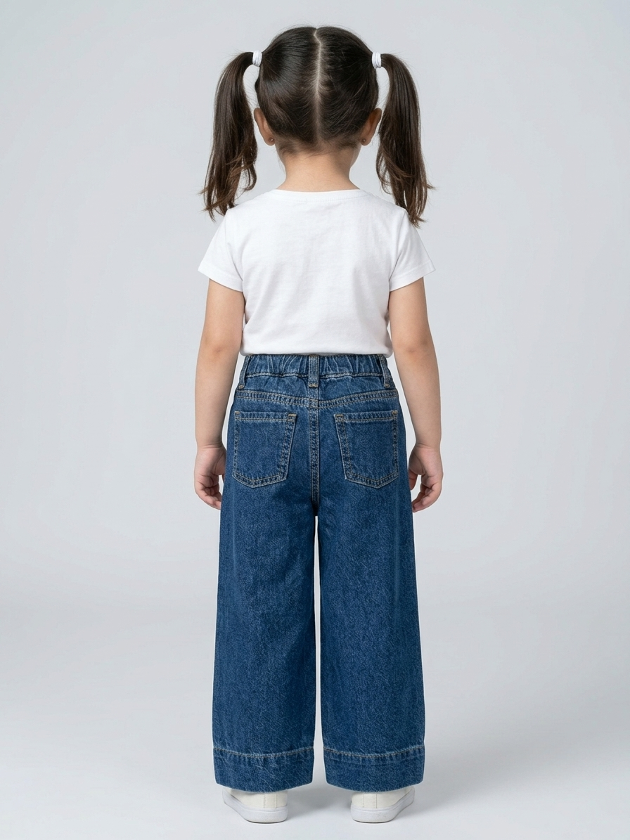 Girls Premium Wide-Leg Pleated Denim Jeans – Mid Wash Blue