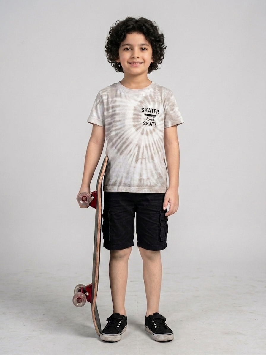 Y.F.K Boys Tie Die Skater Graphic T-shirt - Export Quality - White&Brown