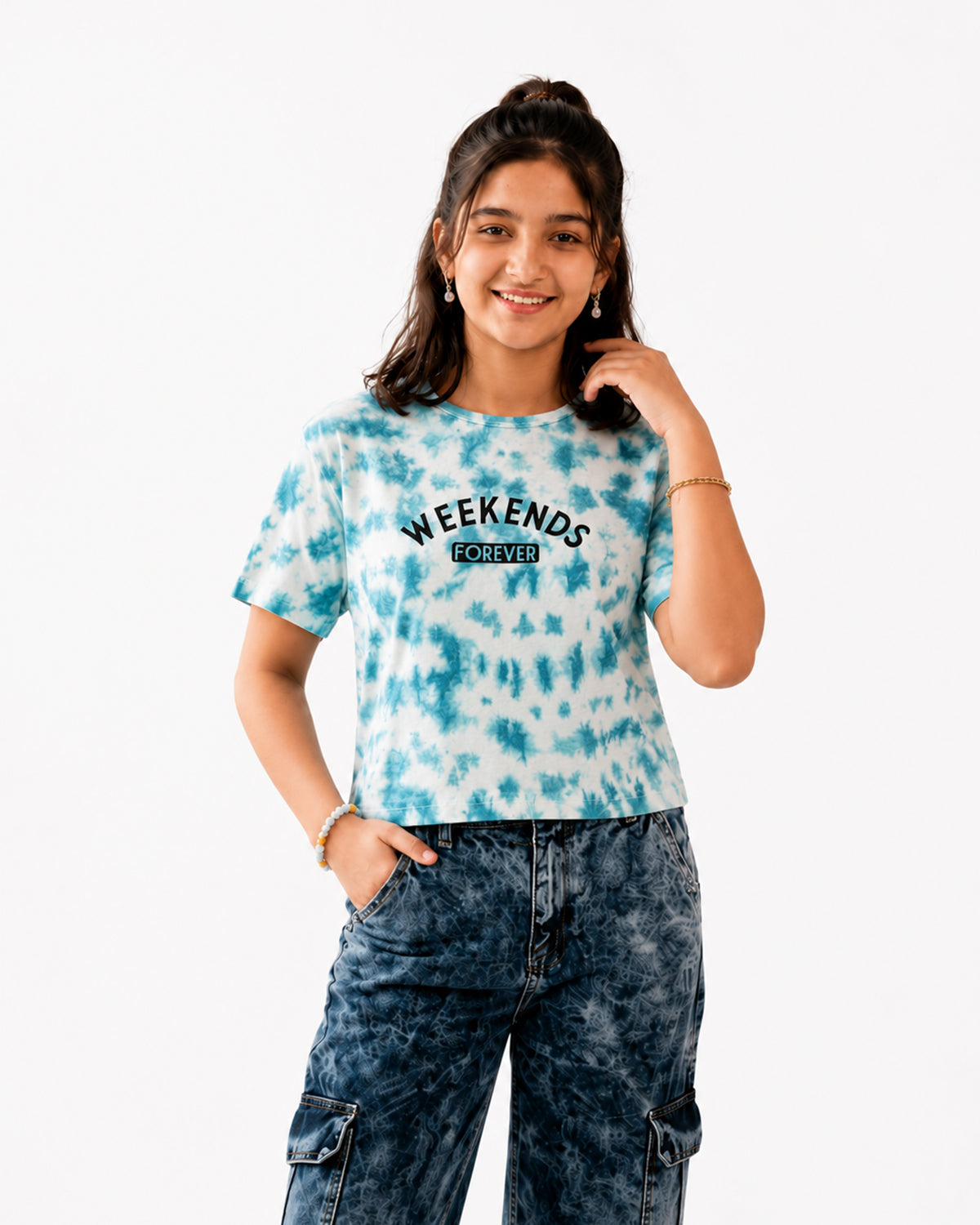 Taboo Wear Girl Tie-Dye Boxy Drop-Shoulder Tee - White&Blue