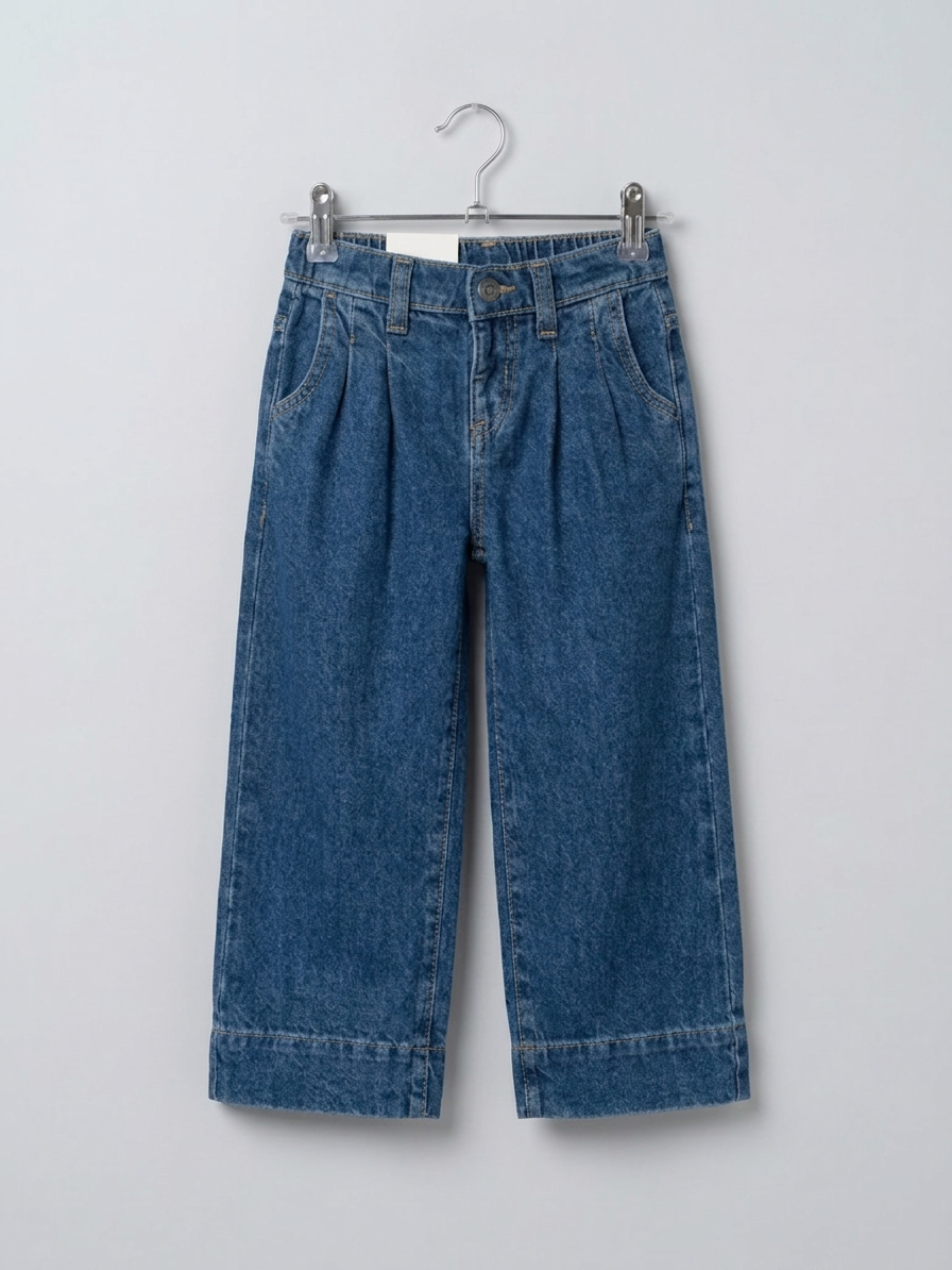 Girls Premium Wide-Leg Pleated Denim Jeans – Mid Wash Blue