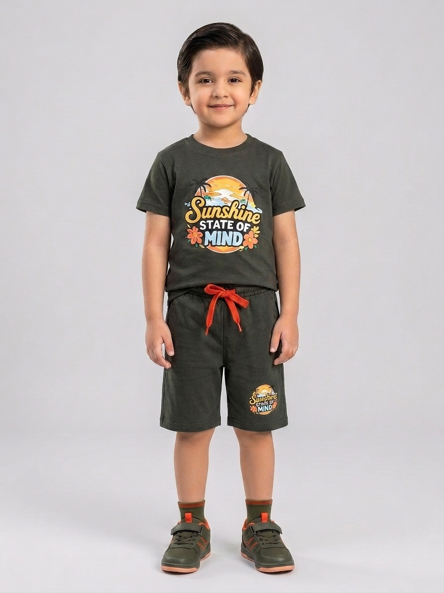 Leisure Club Boys Graphic T-Shirt and Shorts Set – sunshine state of mind (2 to 8 Years) - Dark Olive