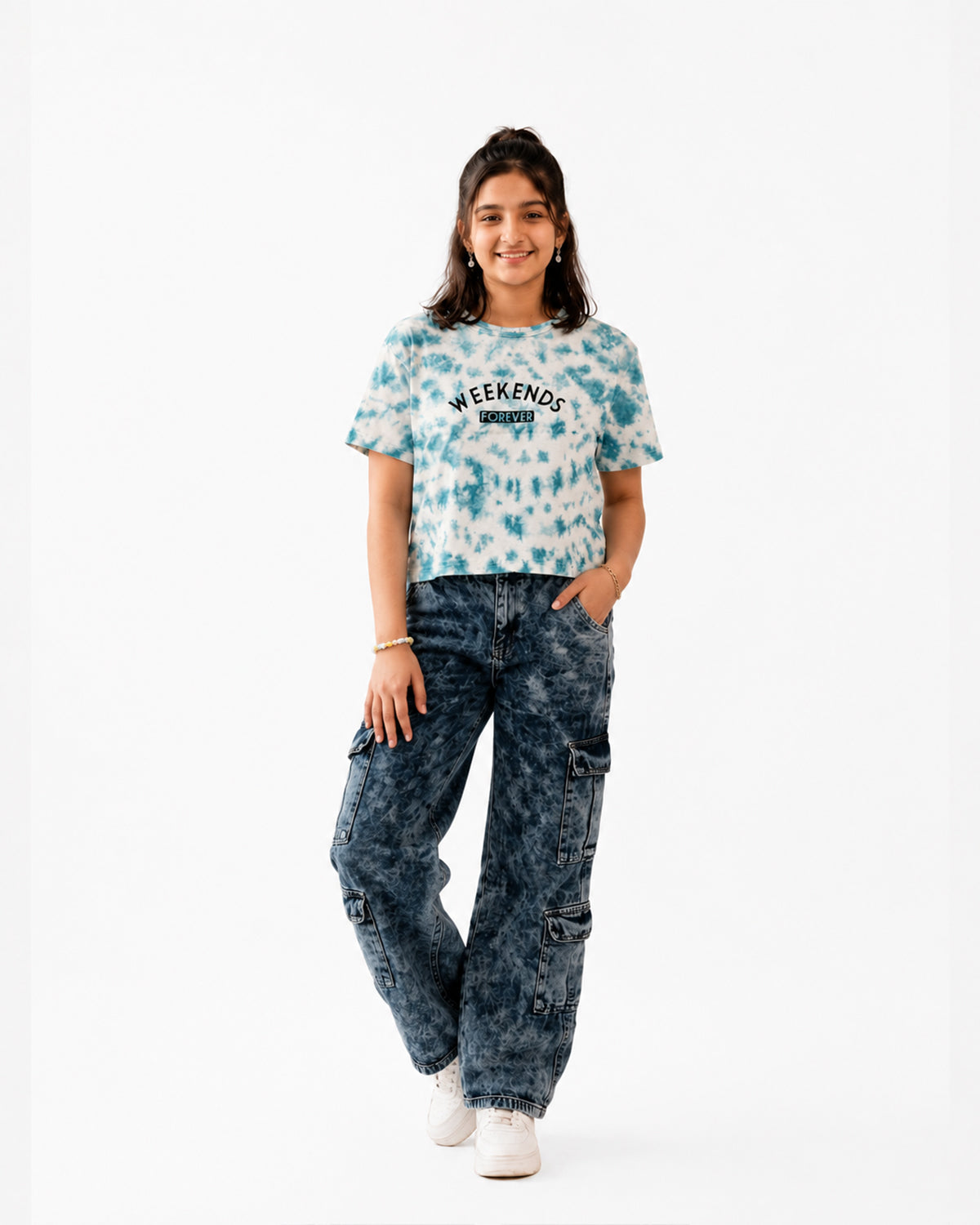 Taboo Wear Girl Tie-Dye Boxy Drop-Shoulder Tee - White&Blue