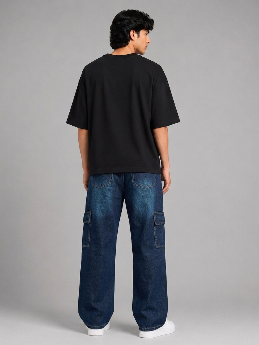 Men's Premium Denim Cargo Trouser - Baggy Fit - Dark Blue