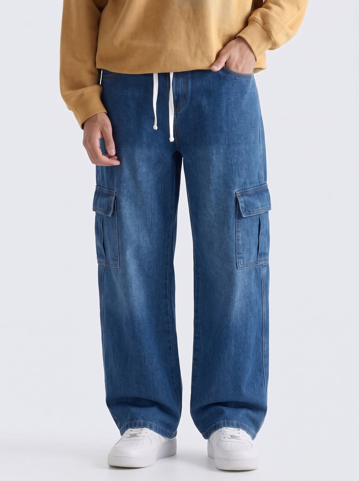 Men's Denim Cargo Jeans - Baggy Fit - Mid Blue