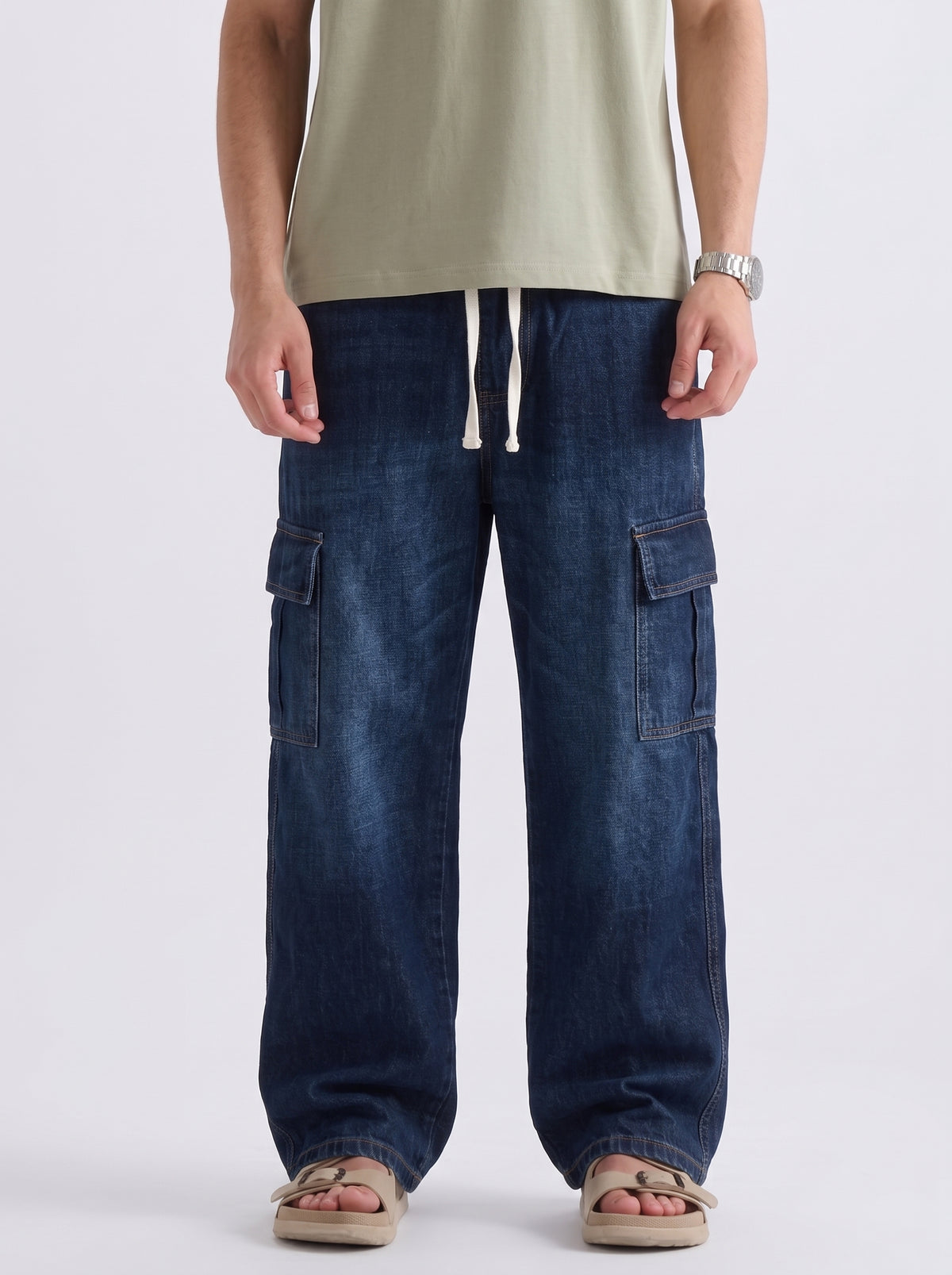 Men's Denim Cargo Jeans - Baggy Fit - Indigo Blue