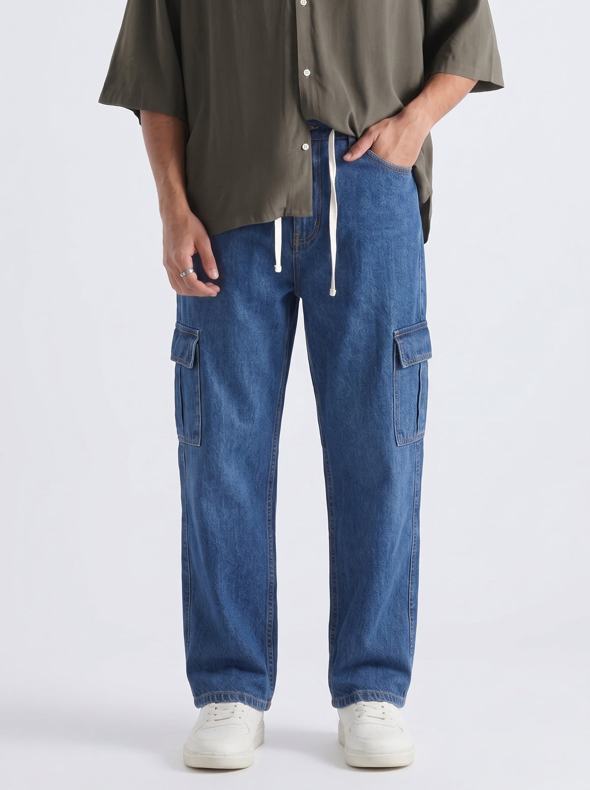 Men's Denim Cargo Jeans - Straight Fit relaxed - Mid Blue