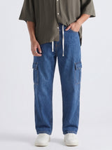 Men's Denim Cargo Jeans - Straight Fit relaxed - Mid Blue