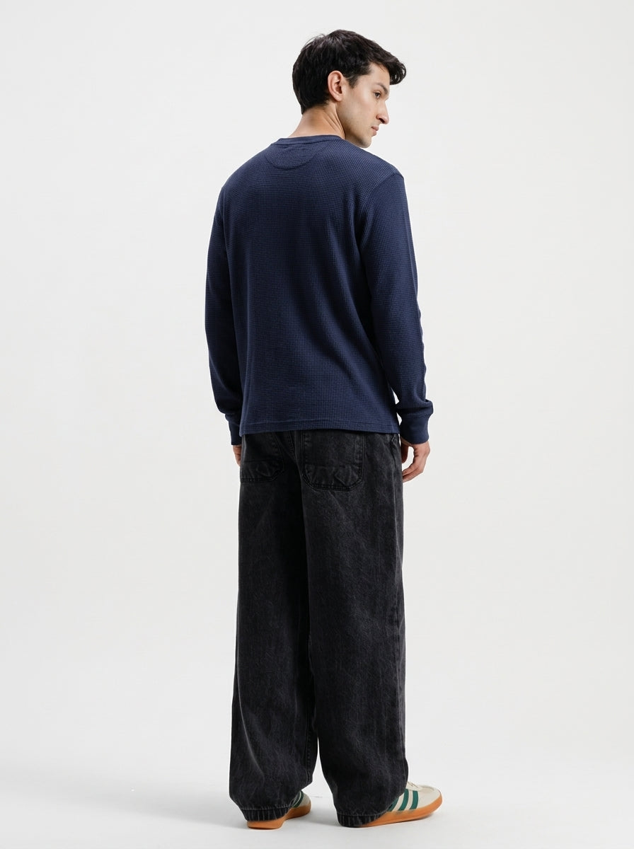 Navy Blue Waffle Knit Henley