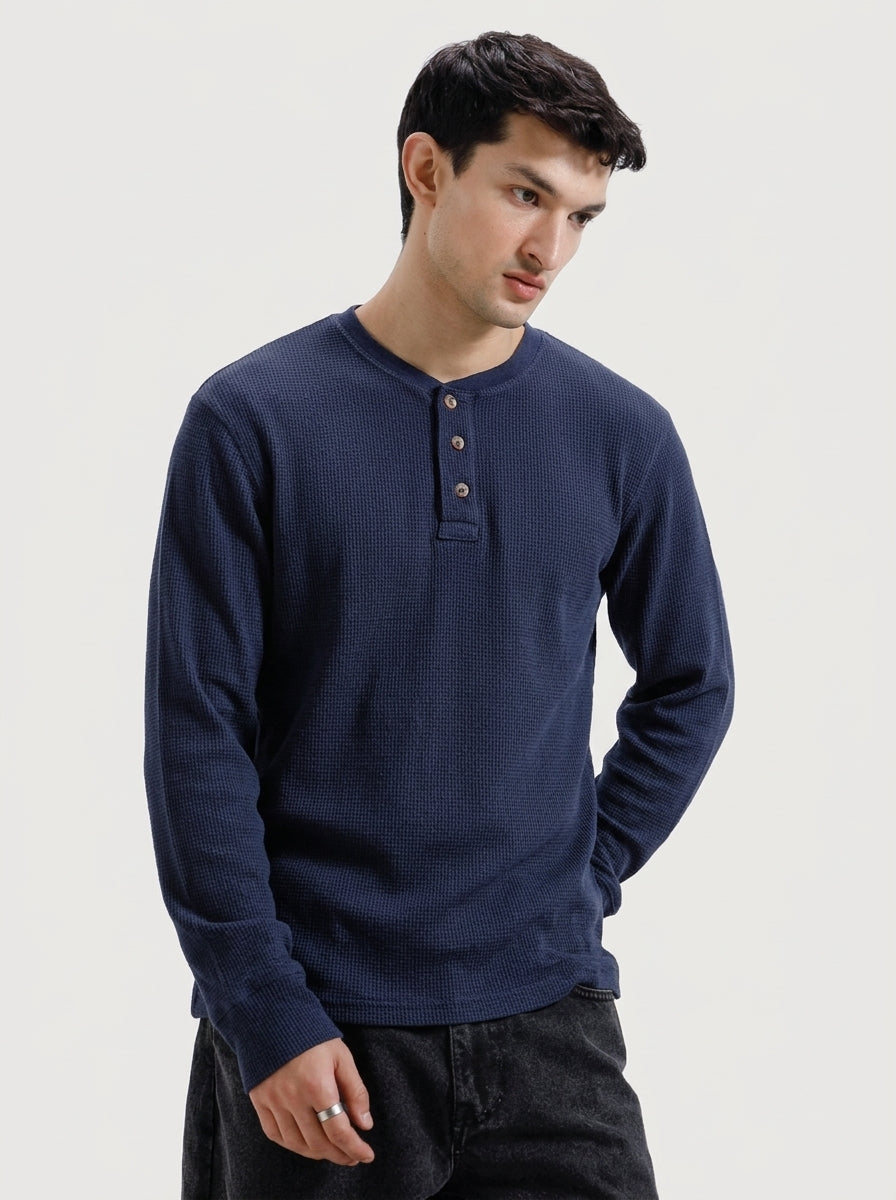 Navy Blue Waffle Knit Henley
