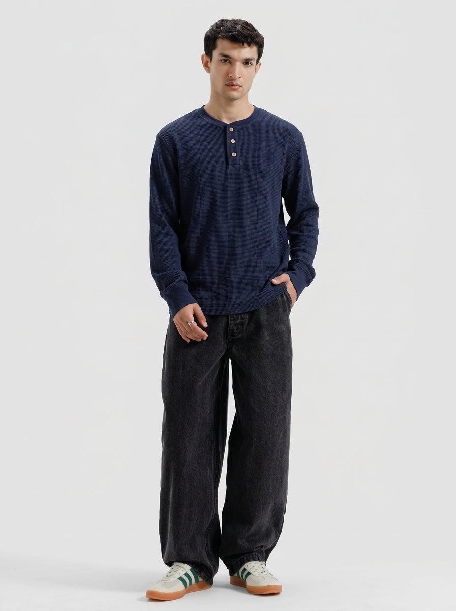 Navy Blue Waffle Knit Henley