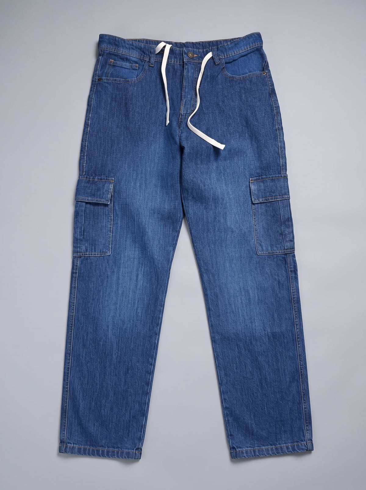 Men's Denim Cargo Jeans - Straight Fit relaxed - Mid Blue