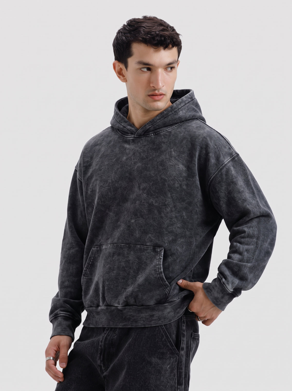 Vintage Acid-Wash Oversized Hoodie — Washed Black