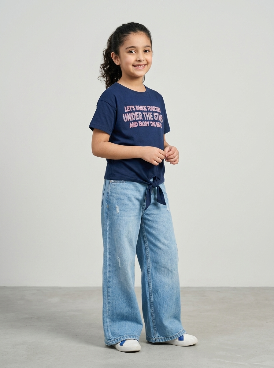 Girls Navy Blue Casual Summer Top - Let's Dance Printed T-Shirt 200 GSM