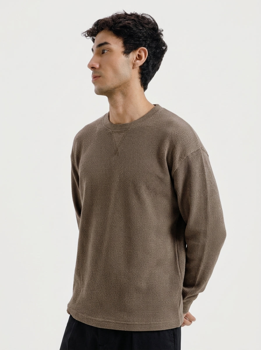 Brown Waffle Knit Crewneck Sweatshirt