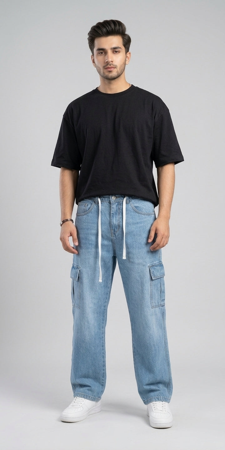 Men's Premium Denim Cargo Trouser - Baggy Fit - Heritage Blue