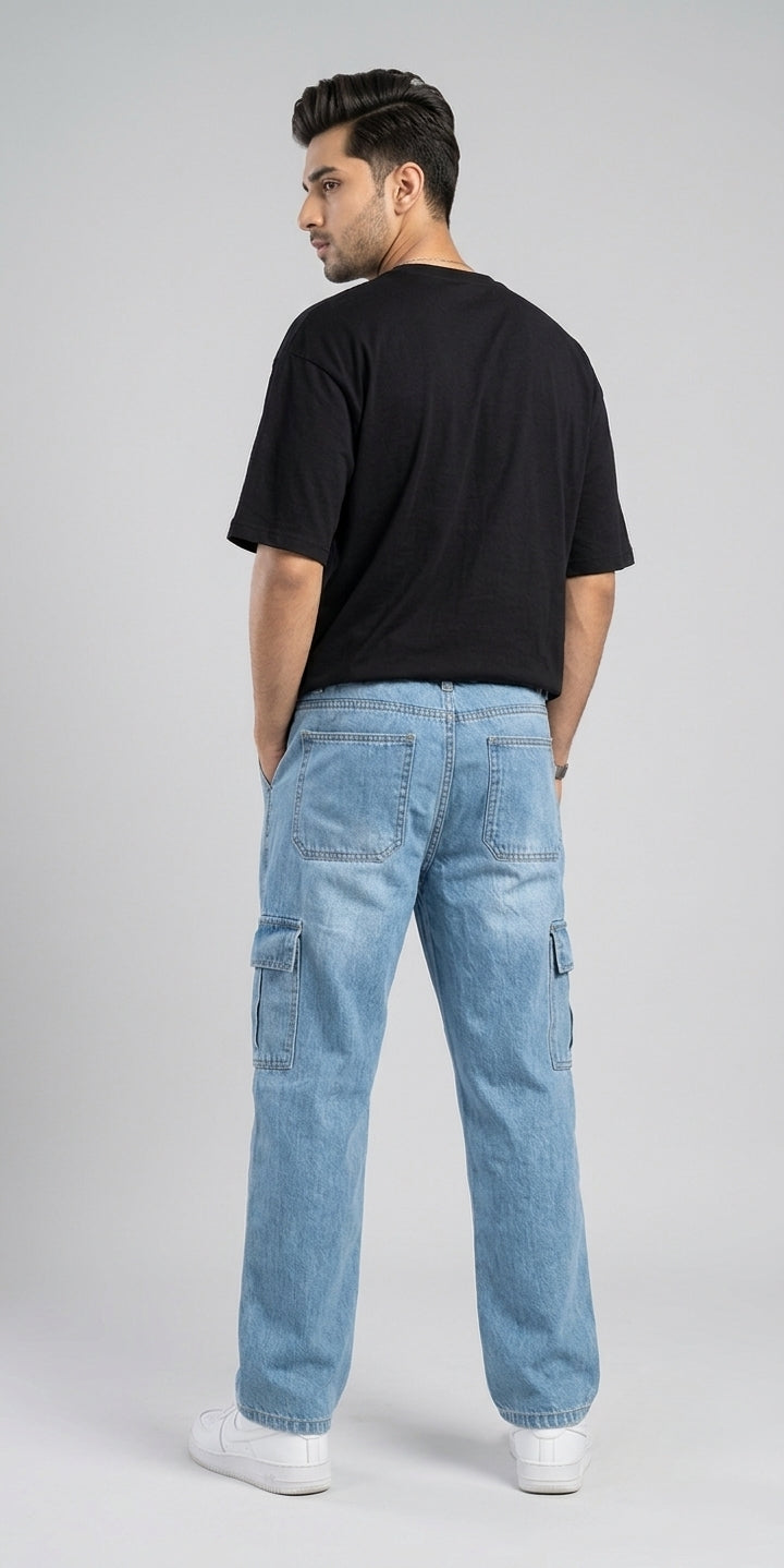Men's Premium Denim Cargo Trouser - Baggy Fit - Heritage Blue