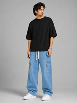 Men's Premium Denim Cargo Trouser - Baggy Fit - Sky Blue