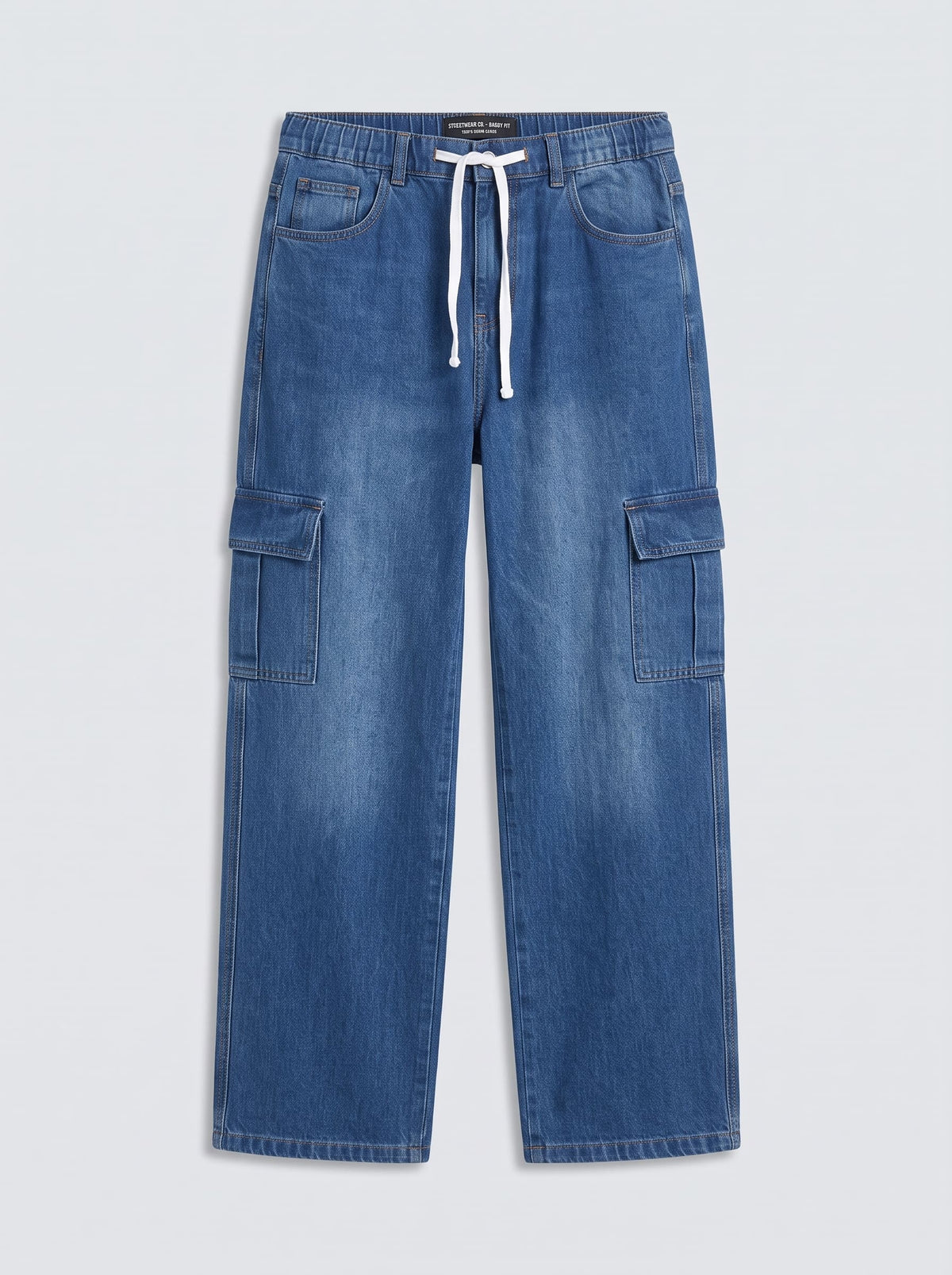 Men's Denim Cargo Jeans - Baggy Fit - Mid Blue