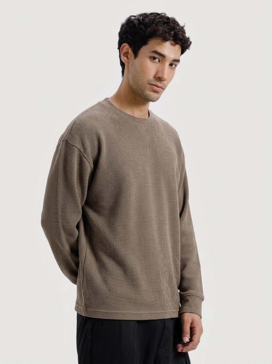 Brown Waffle Knit Crewneck Sweatshirt