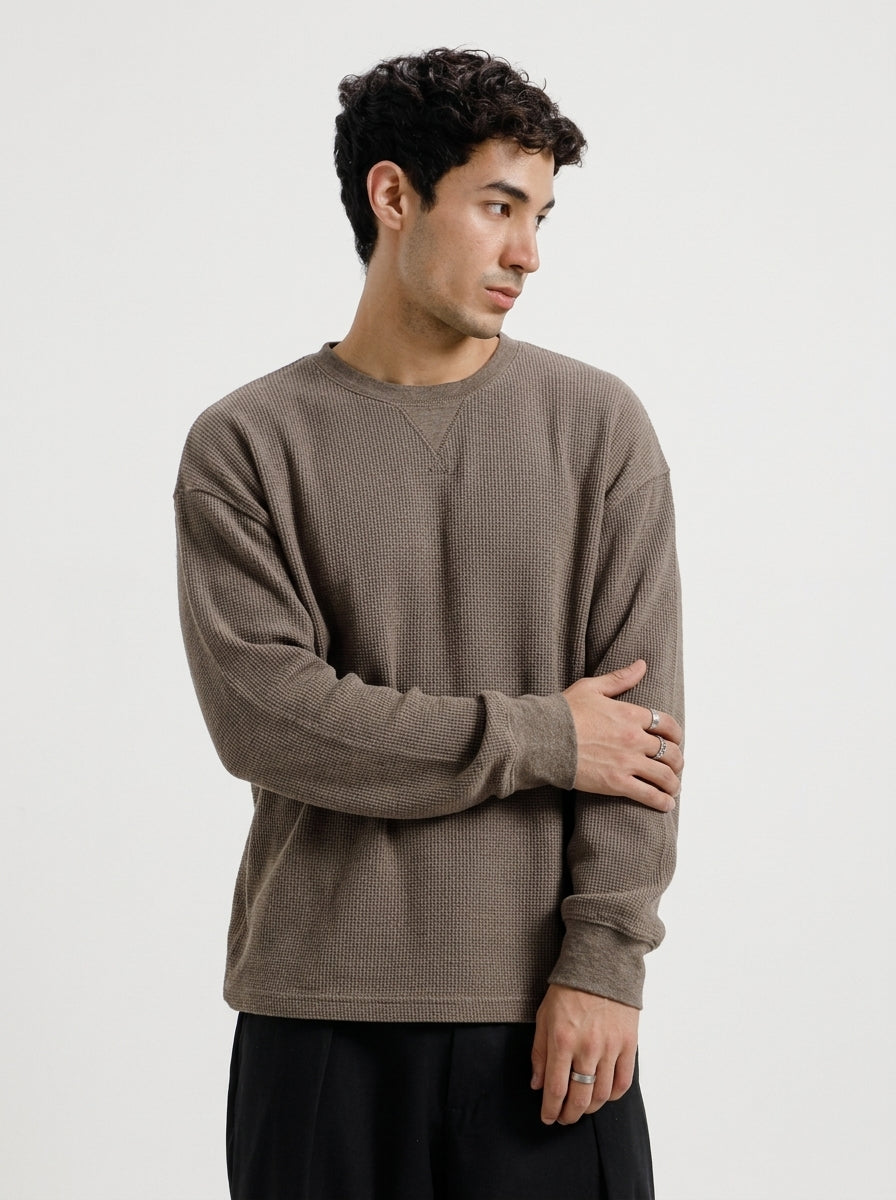 Brown Waffle Knit Crewneck Sweatshirt