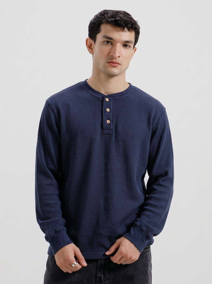 Navy Blue Waffle Knit Henley