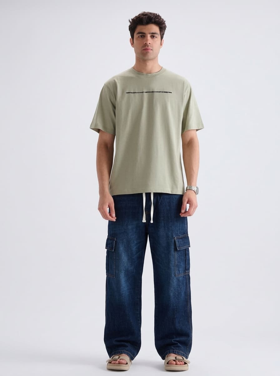 Men's Denim Cargo Jeans - Baggy Fit - Indigo Blue