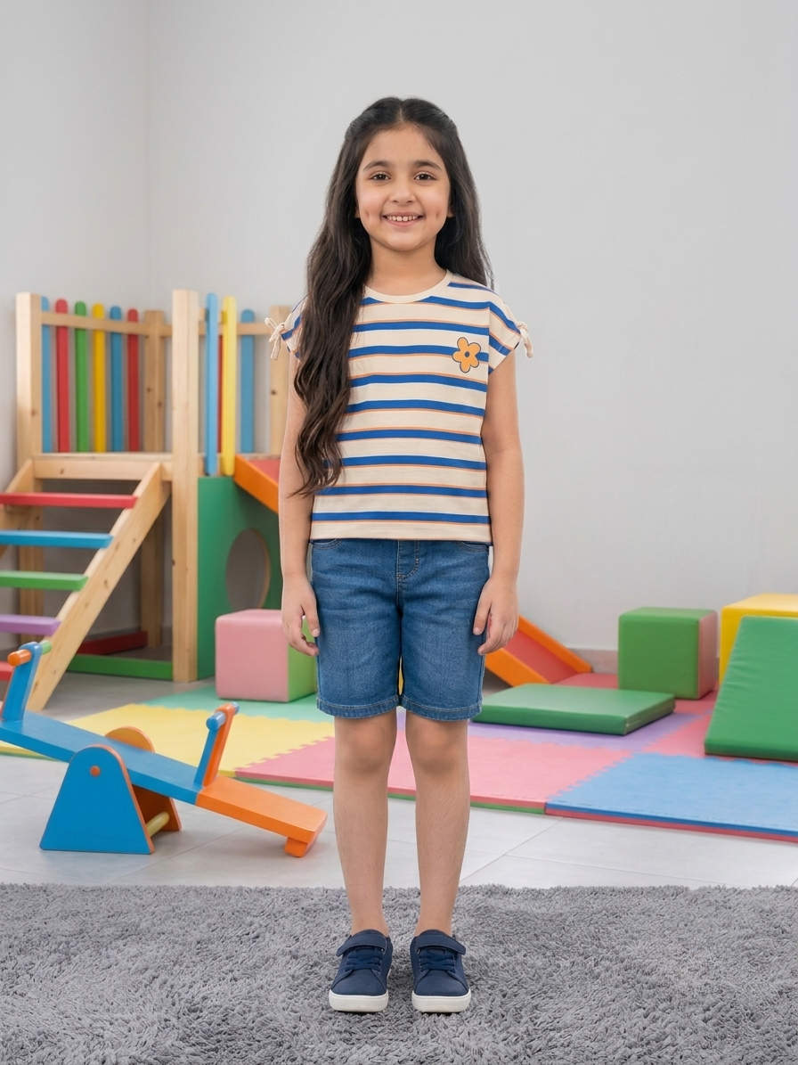 Breakout Girls Boxy Striped T-Shirt - Blue & Orange