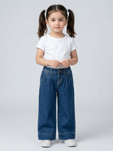 Girls Premium Wide-Leg Pleated Denim Jeans – Mid Wash Blue